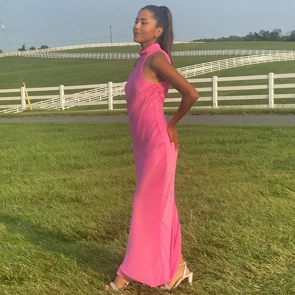 strapless open back dress Dip Hem High Neck Dress with Tulle Skirt in Pink
